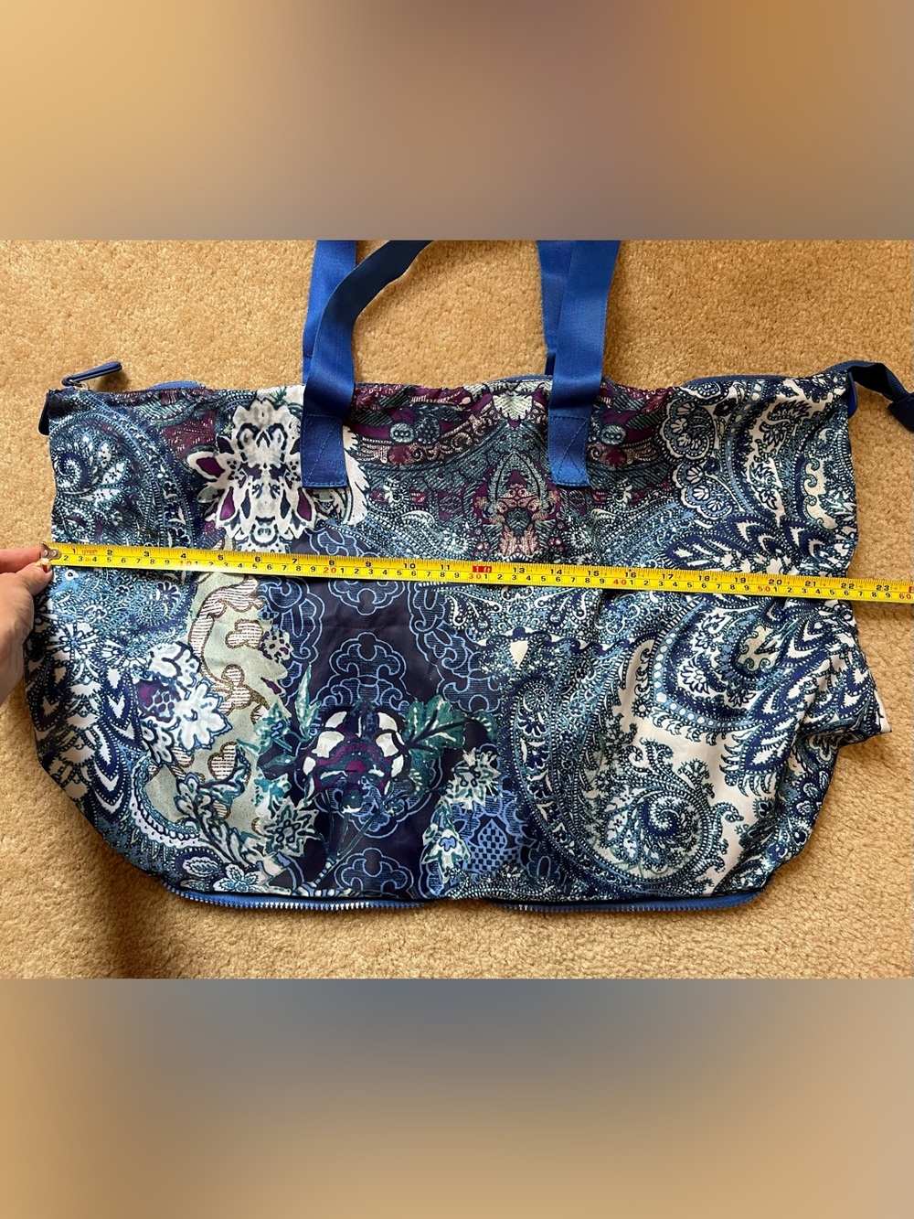 Chico's Packable Foldable Travel Tote Bag Paisley Blue Purple Large Expandable - Picture 12 of 13